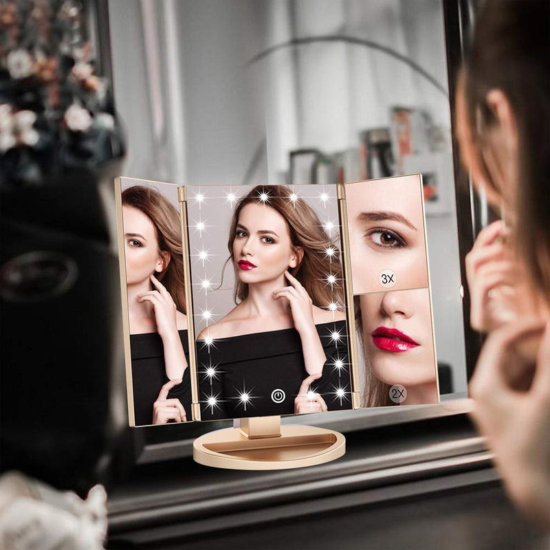 WEILY Makeup Mirror with 21 LED Lights,Two Power Supply Modes, Adjustable Touch Screen and 1x/2x/3x Magnification Tri-Fold Vanity Mirror,Chargeable Travel Cosmetic Mirror for Desktop(Gold) - Image 2